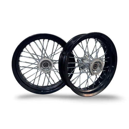 Pair of motorcycle wheels with black rims on a white background